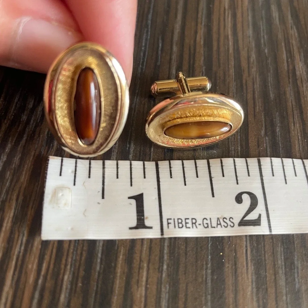 Vintage Gold Tone Cufflinks‎ Oval Tiger Eye Stone Elegant Mens Jewelry